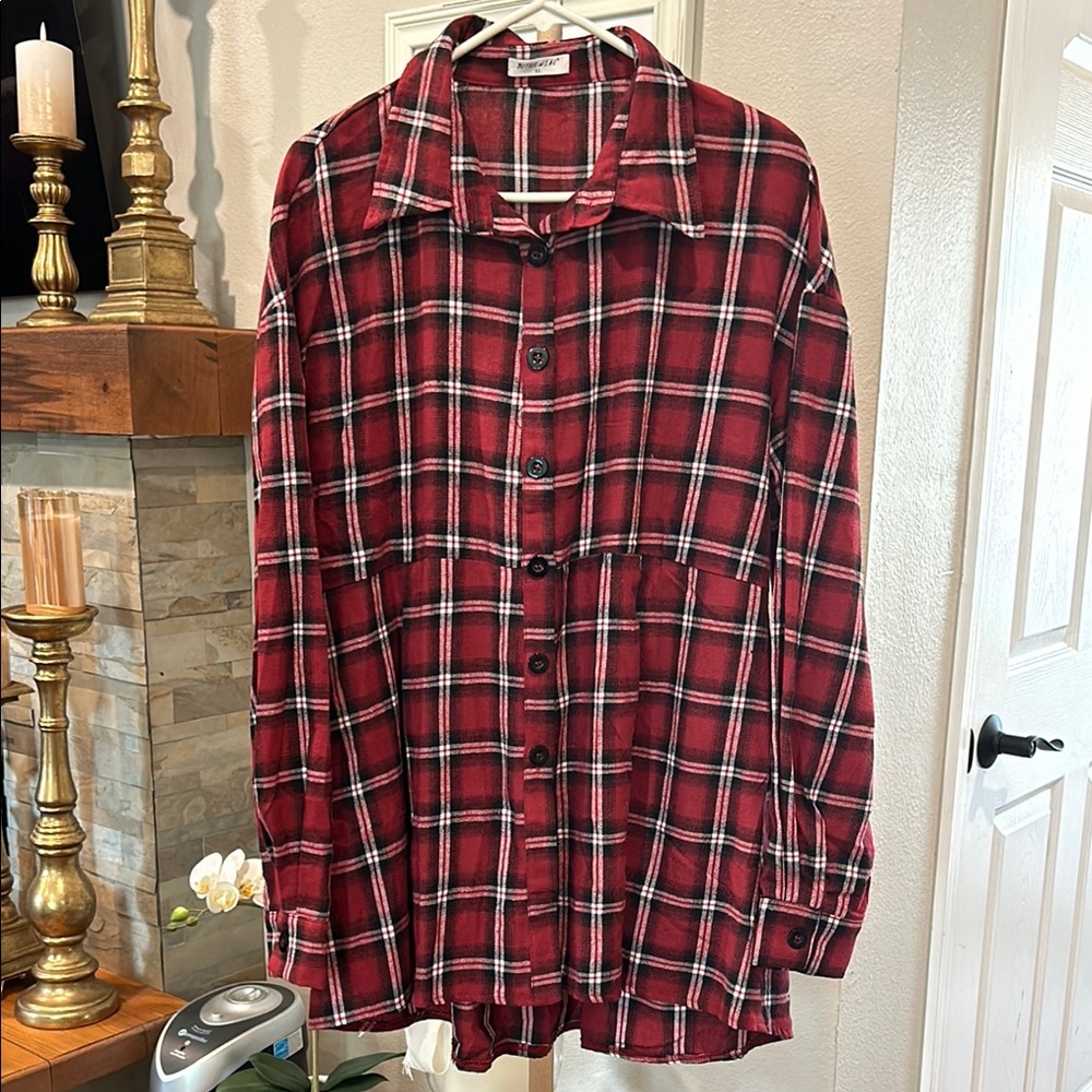 NWOT Bothenial Red and black plaid long-sleeved Flannel Tunic Babydoll XL